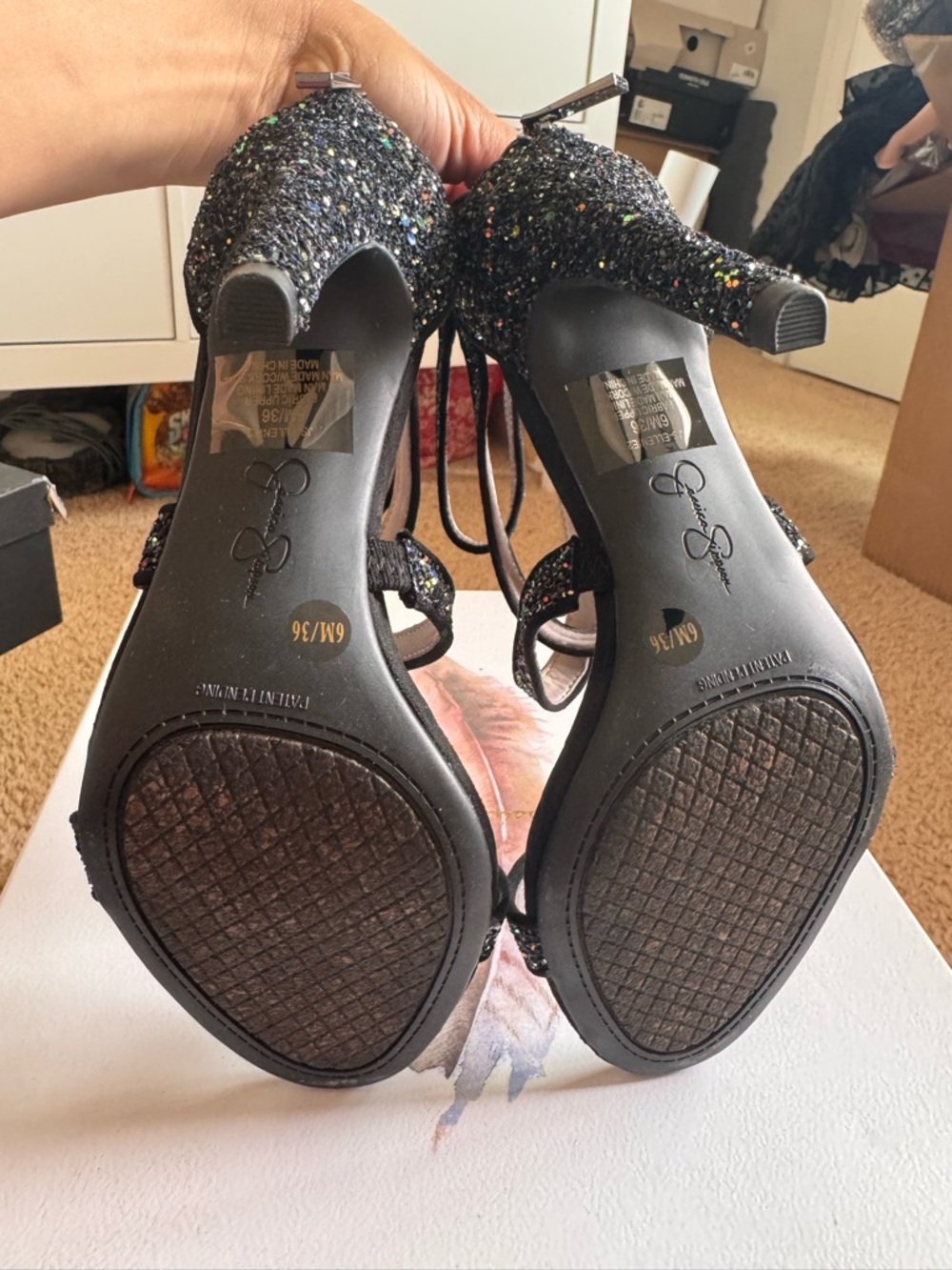 Jessica Simpson Black Glitter Strappy Heeled Sandals - Picture 7 of 7